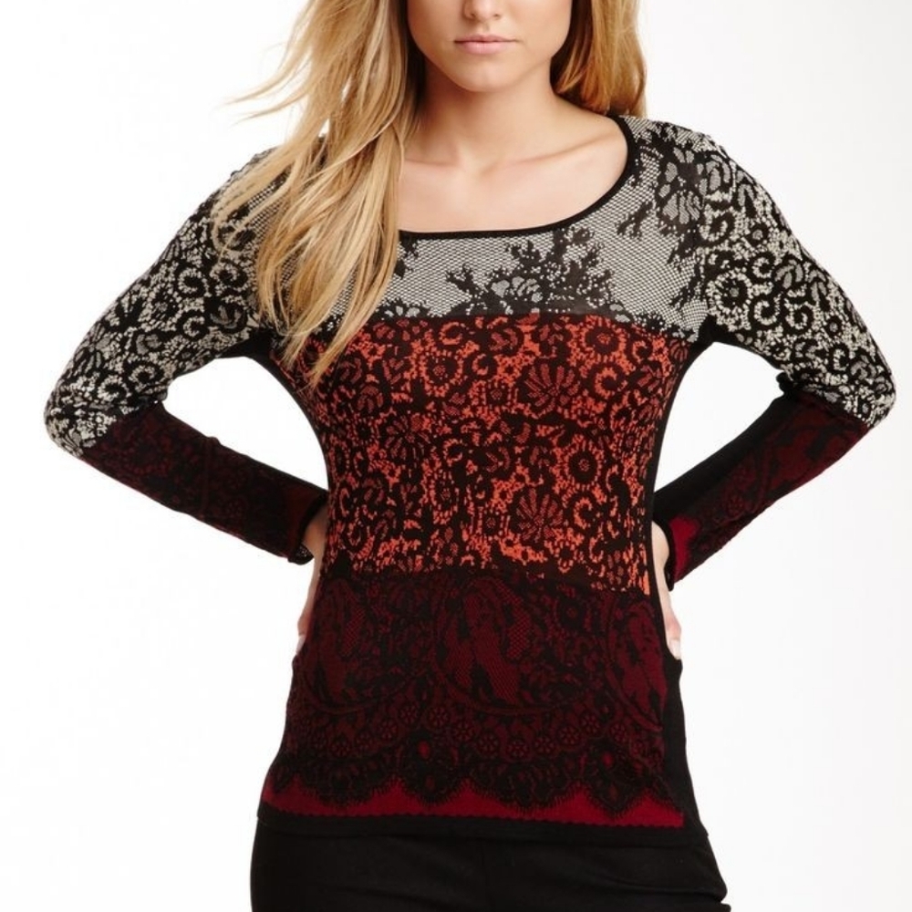 NIC+ZOE Black and Red Lace Knit Top